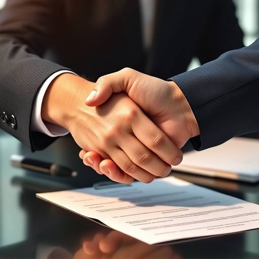 Image illustrative d'un accord contractuel, avec une poignée de main et des documents signés.