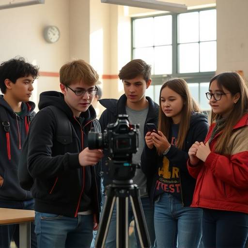 Élèves travaillant sur un projet de film en équipe